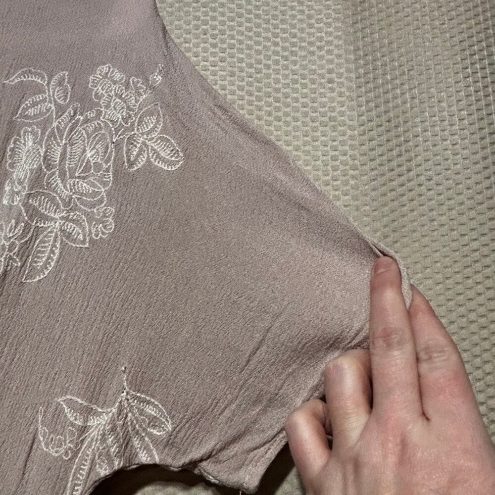 Mod Ref Taupe Embroidered Floral Dress Size S Button Front Boho Wedding Guest - Picture 4 of 11